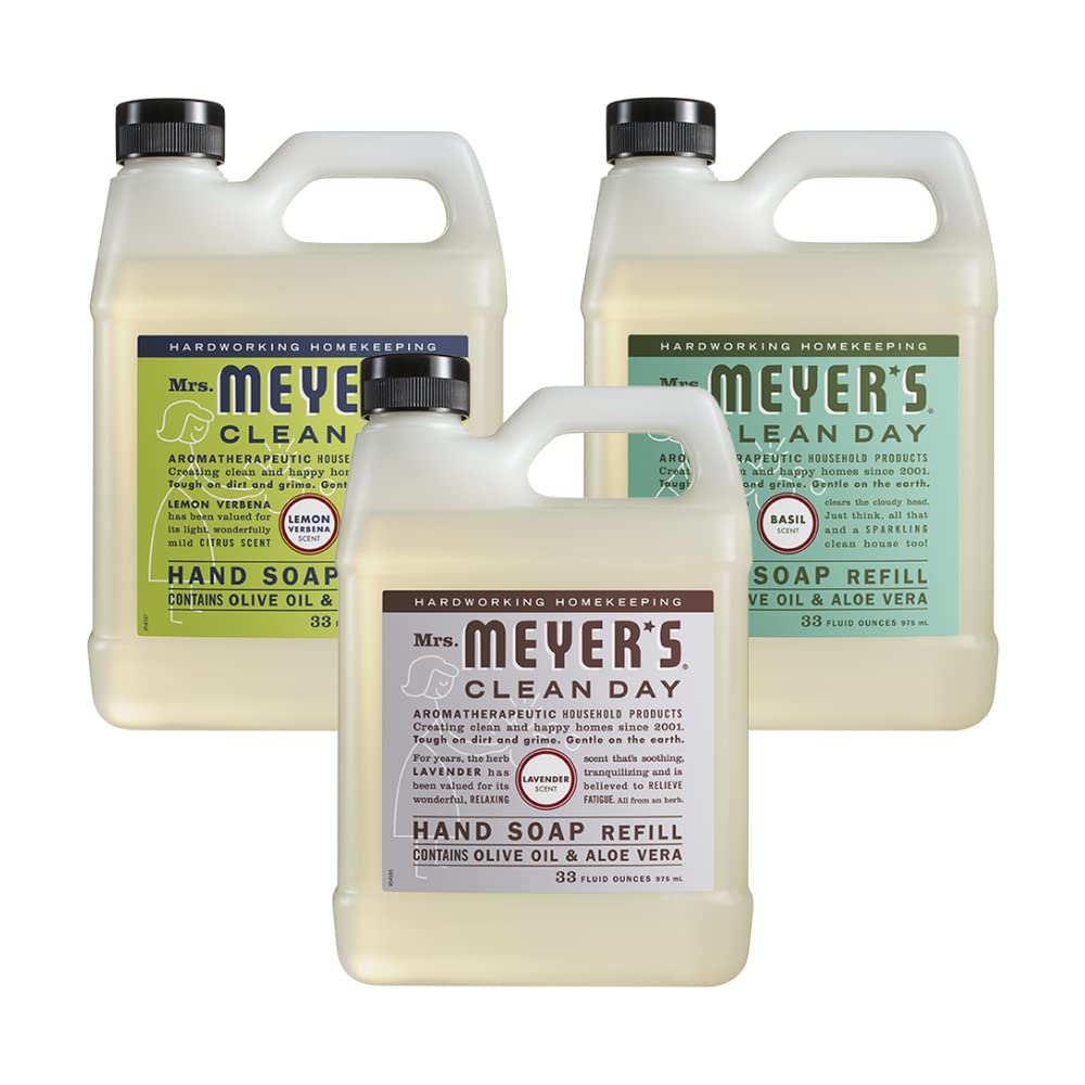Mrs. MEYER'S front pack shot showing three refill bottles and sustainable benefit