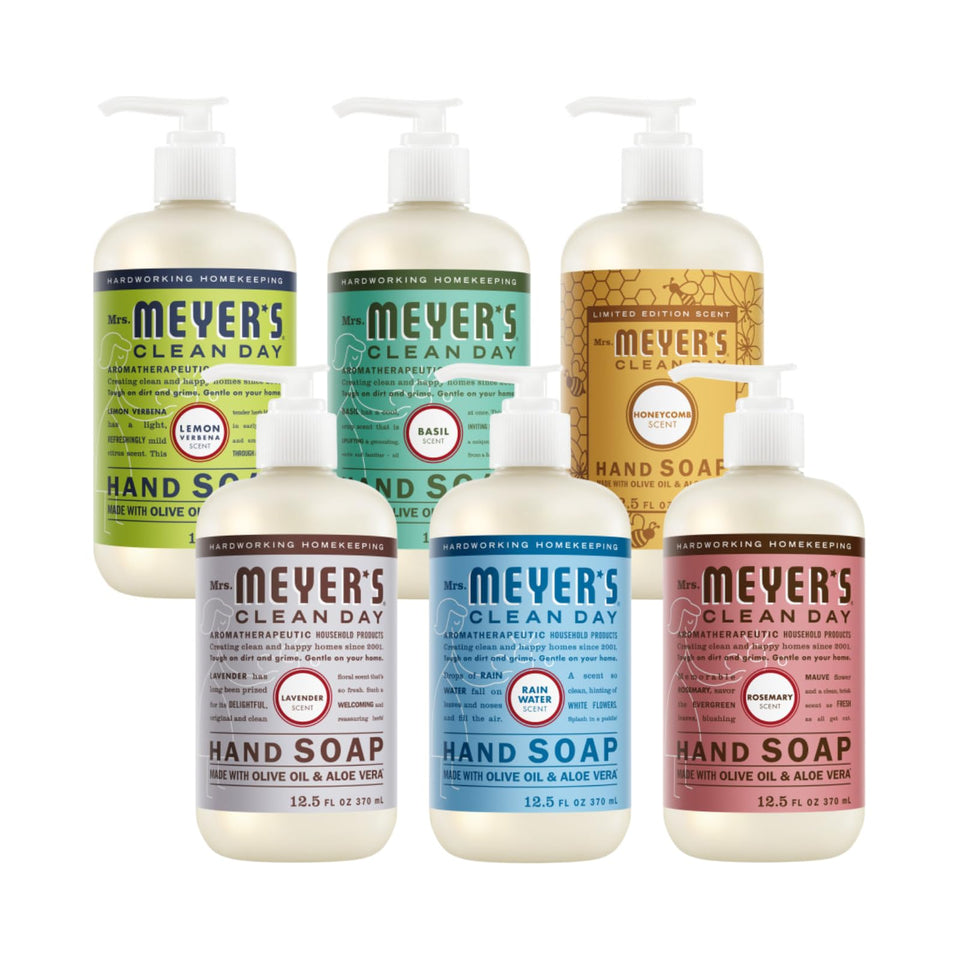 Mrs. MEYER'S six-bottle front packaging showing variety and convenience