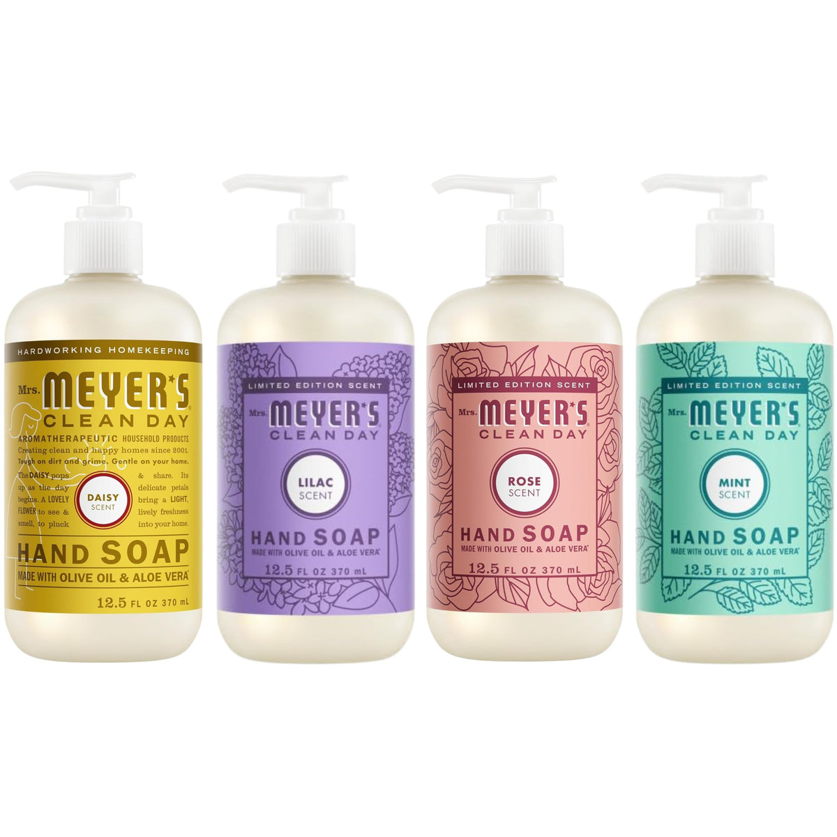 Mrs. MEYER'S front packaging bundle showing all four festive bottles and benefits