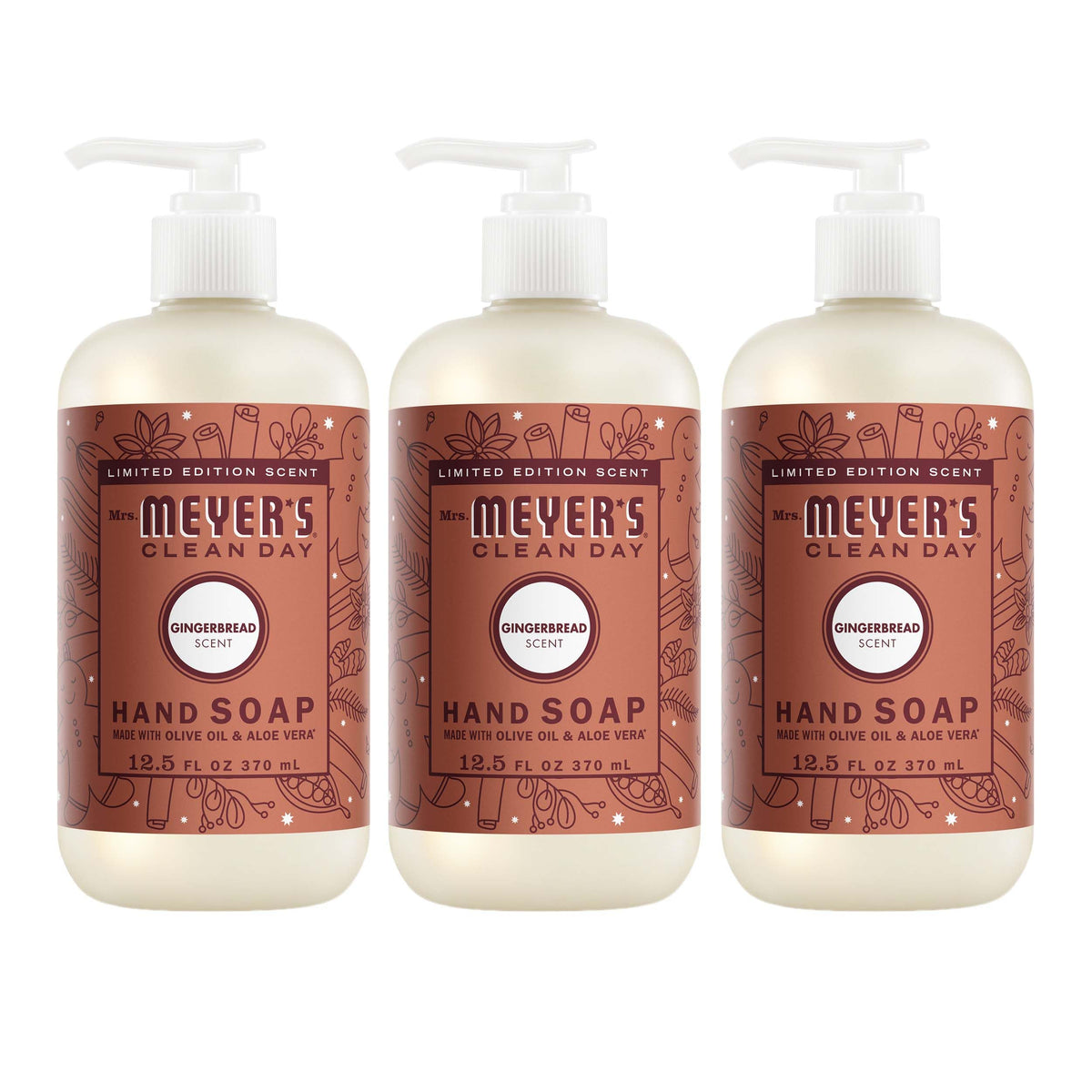 Mrs. MEYER'S front packaging showing gingerbread scent and clear bottle for quick identification