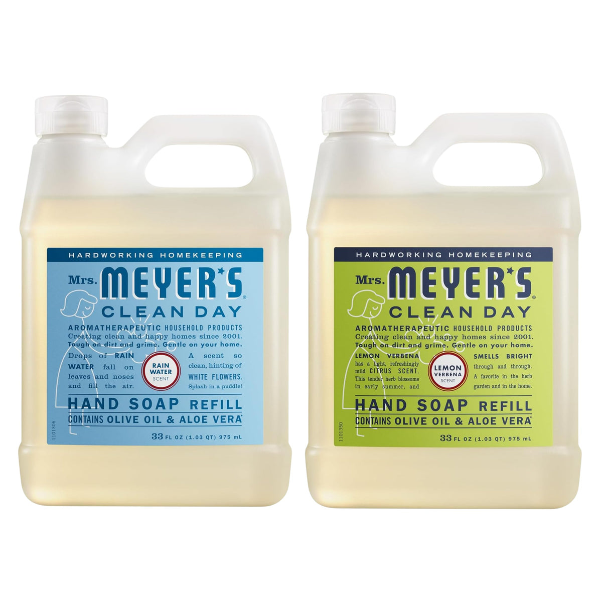 Mrs. MEYER'S front packaging of two refill pouches showing scents and benefits
