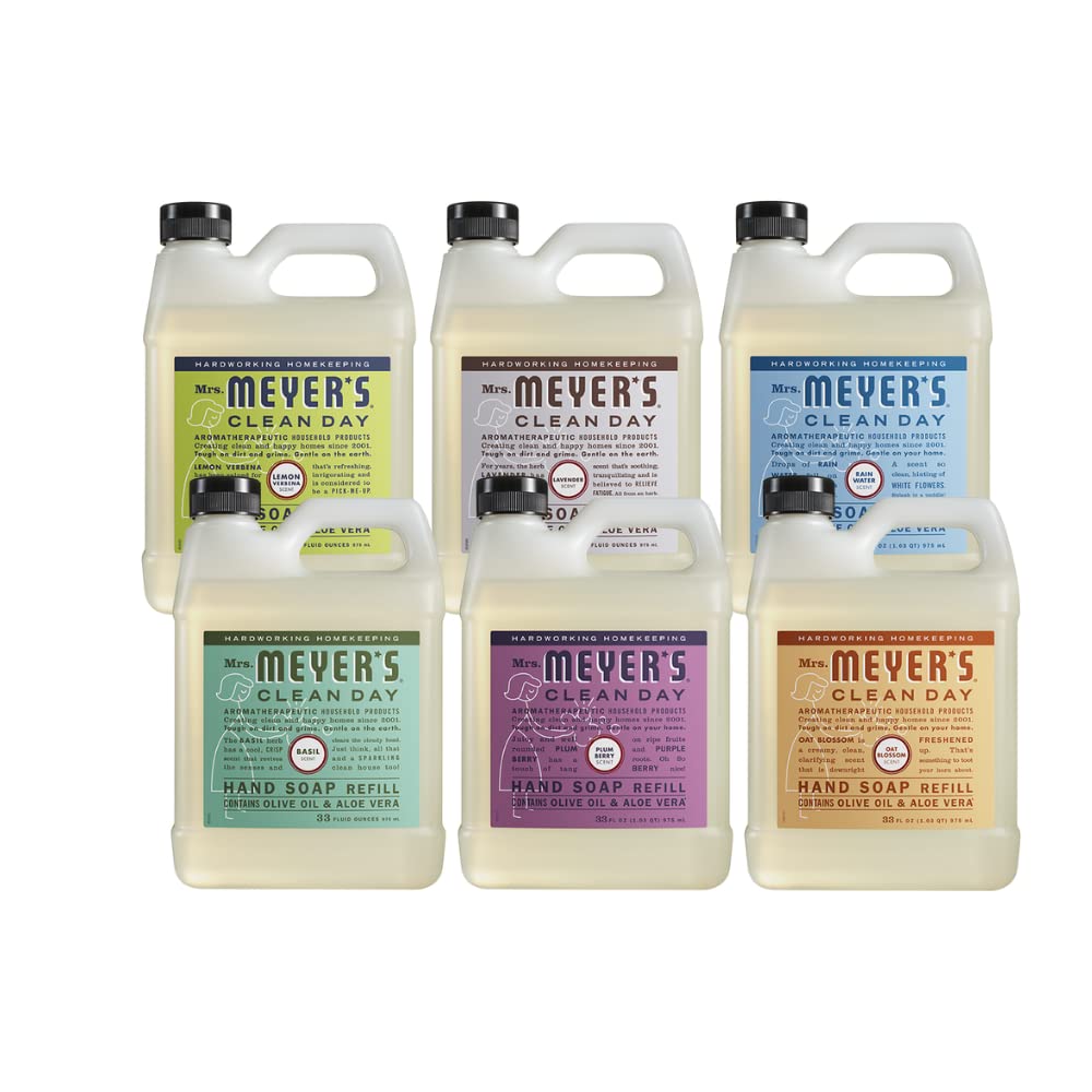 Mrs. MEYER'S front packaging showing six refill bottles and scent variety