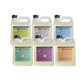 Mrs. MEYER'S front packaging showing six refill bottles and scent variety