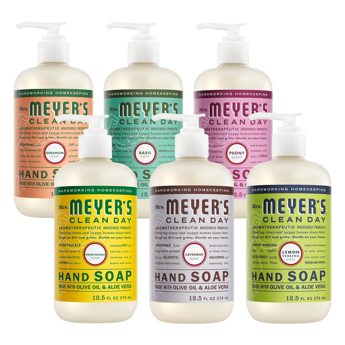 Mrs. MEYER'S front view of six-bottle variety pack showing all included scents and tidy display