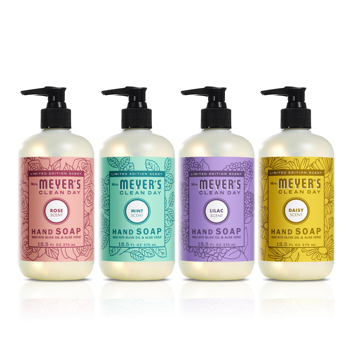 Mrs. MEYER'S front packaging showing four spring hand soap bottles for easy selection