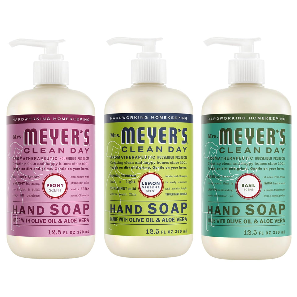 Mrs. MEYER'S three-bottle pack front view showing variety and garden scents