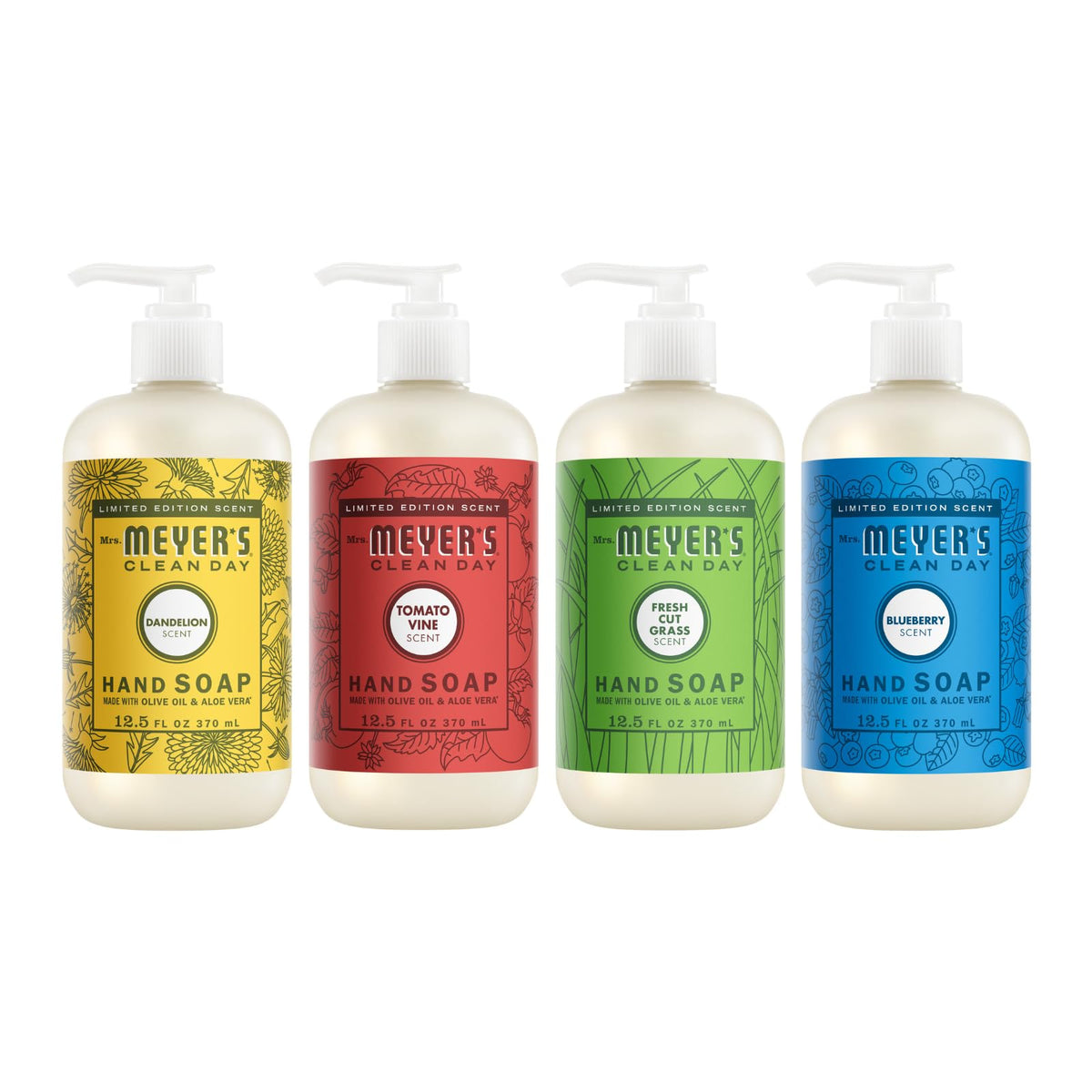Mrs. MEYER'S variety pack front packaging showing four scent bottles and benefits