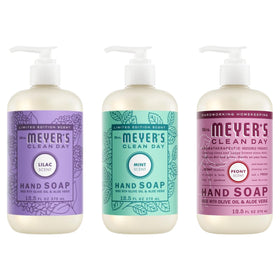 Mrs. MEYER'S front packaging showing three spring-scent bottles and clear benefit