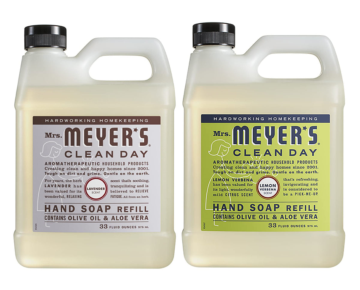 Mrs. MEYER'S front packaging showing both Lemon Verbena and Lavender refills and convenience