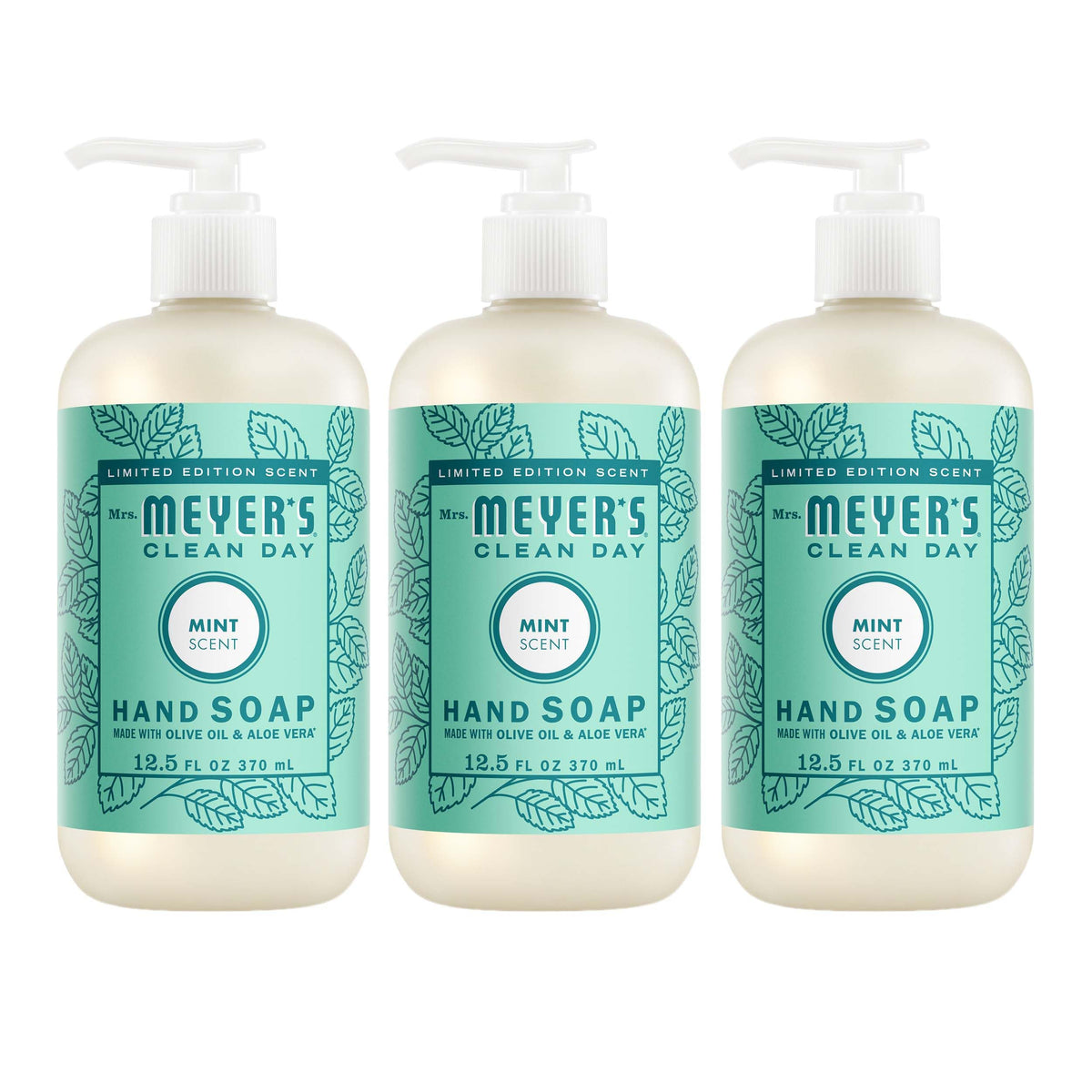 Mrs. Meyer's front packaging: three mint hand soap bottles, fresh and ready