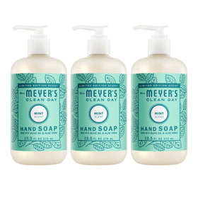 Mrs. Meyer's front packaging: three mint hand soap bottles, fresh and ready