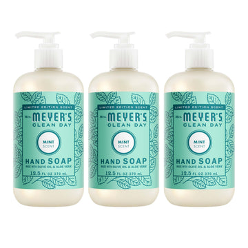Mrs. Meyer's front packaging: three mint hand soap bottles, fresh and ready