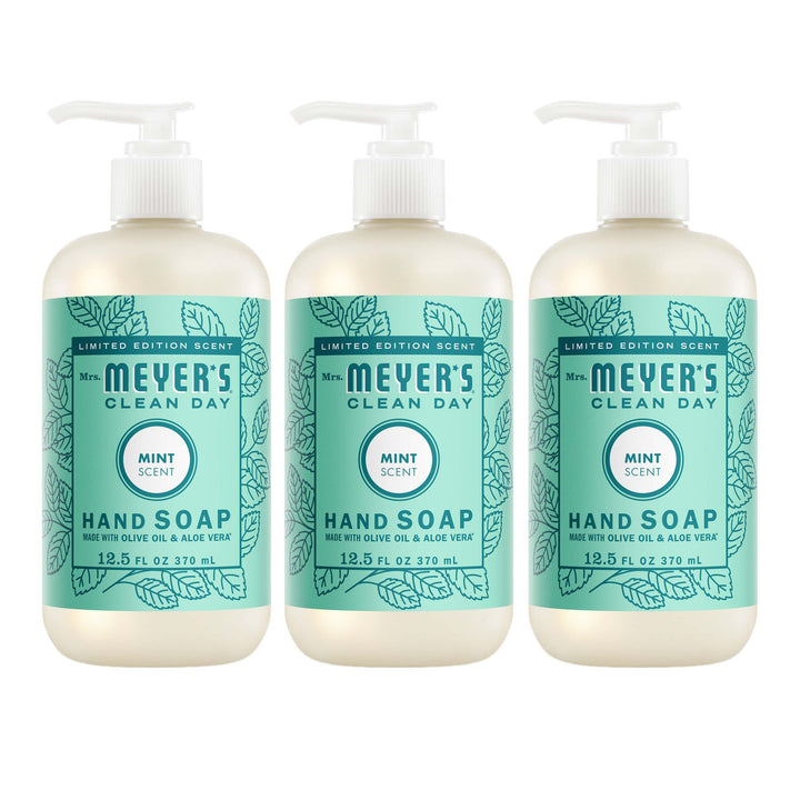 Mrs. Meyer's front packaging: three mint hand soap bottles, fresh and ready