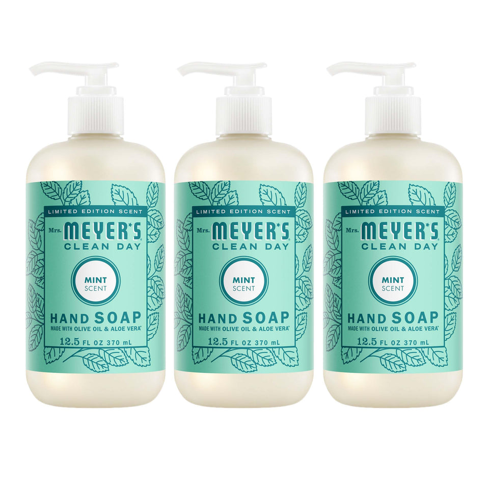 Mrs. Meyer's front packaging: three mint hand soap bottles, fresh and ready