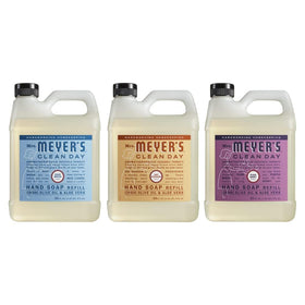Mrs. MEYER'S front pack shot showing three 33 fl oz refill bottles and scents, highlights convenience