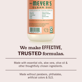 Mrs. Meyer's bottle label detail highlighting ingredients and garden-inspired scent benefit