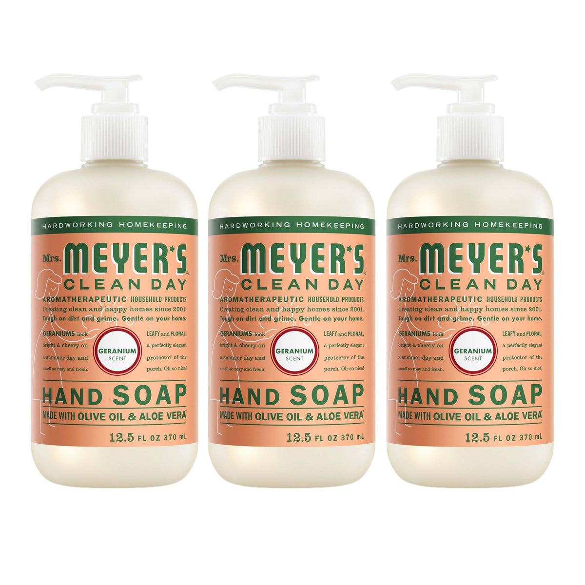 Mrs. Meyer's geranium front pack showing three bottles and clear label, highlights convenience