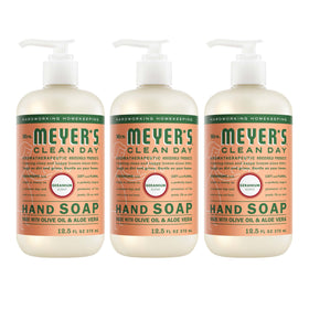 Mrs. Meyer's geranium front pack showing three bottles and clear label, highlights convenience