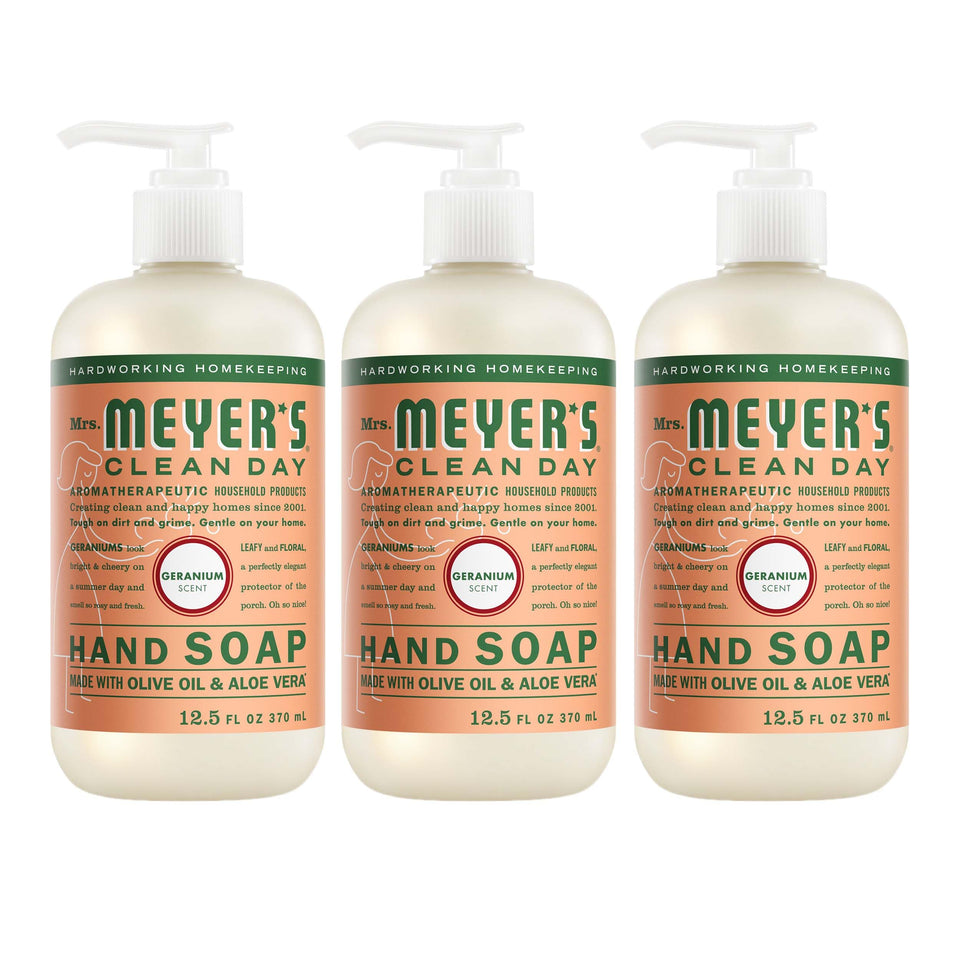 Mrs. Meyer's geranium front pack showing three bottles and clear label, highlights convenience