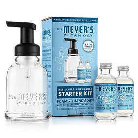 Mrs. MEYER'S glass dispenser front showing elegant bottle and pump, promotes refillable use