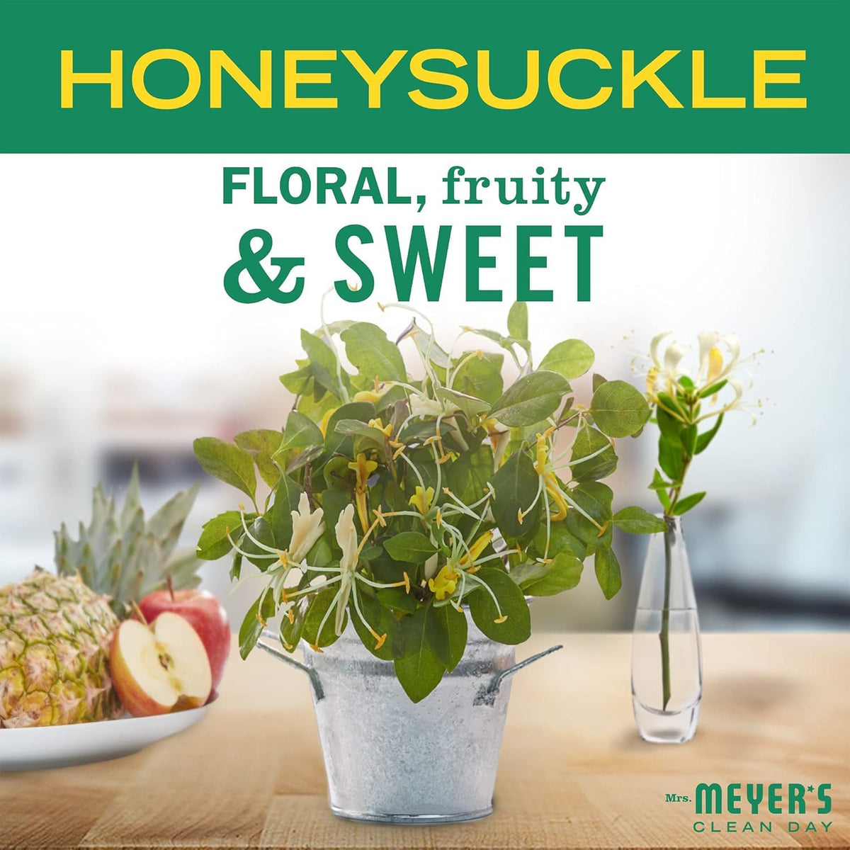 Mrs. MEYER'S honeysuckle dispenser filled from refill, keeps high-traffic sinks stocked