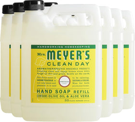 Mrs. MEYER'S honeysuckle refill front packaging showing size and scent, convenient storage benefit