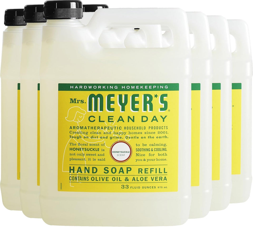 Mrs. MEYER'S honeysuckle refill front packaging showing size and scent, convenient storage benefit