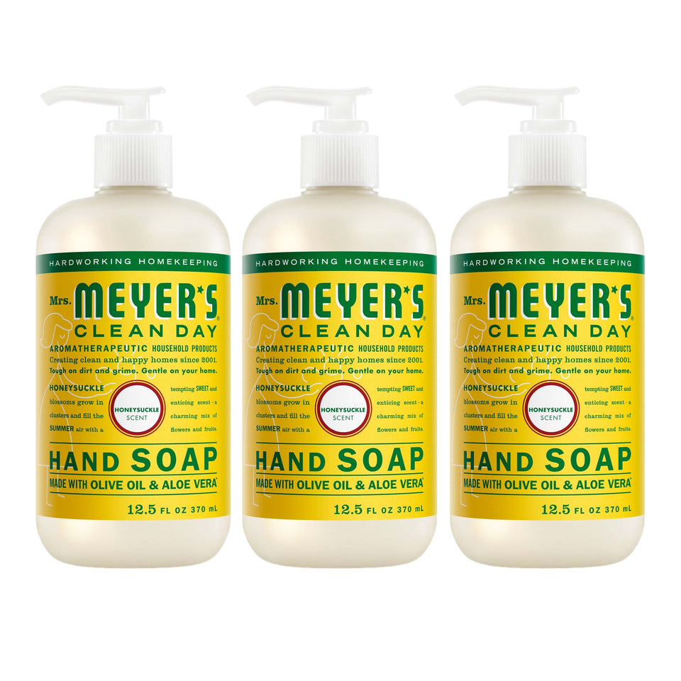 Mrs. Meyer's honeysuckle front packaging showing bottle and label benefits