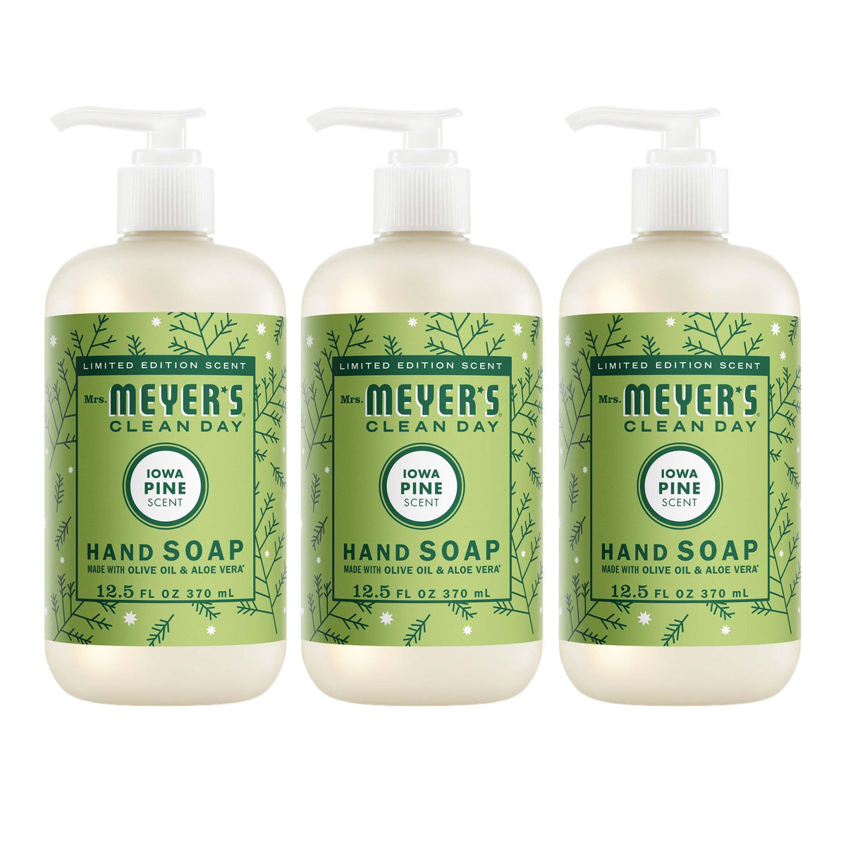 Mrs. Meyer's Iowa Pine front packaging showing three bottles and scent