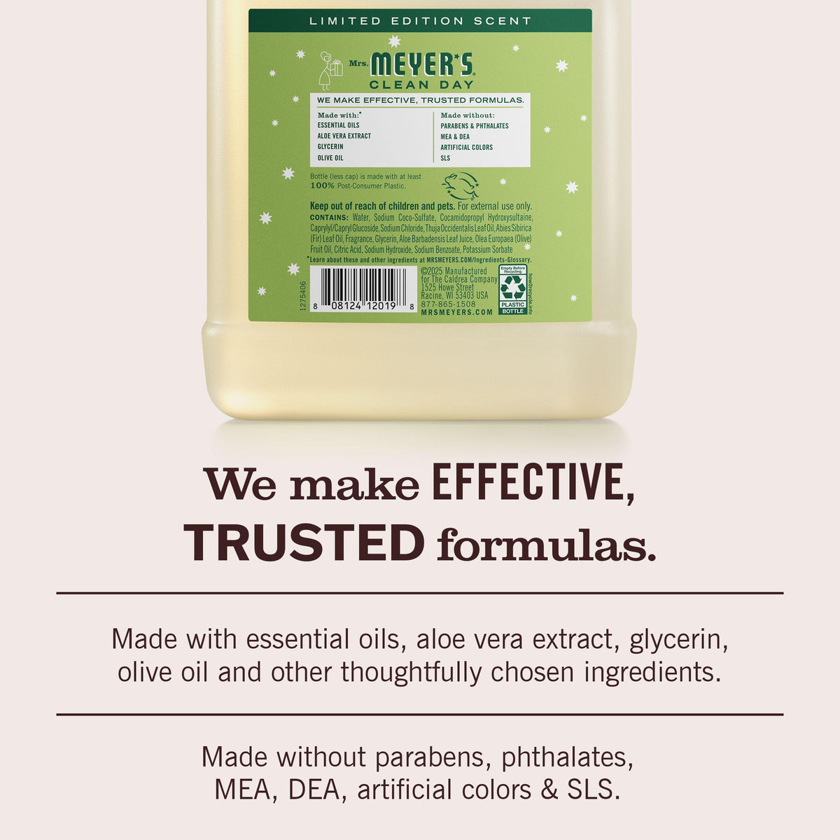 Mrs. MEYER'S lather on hand showing moisturizing foam and gentle cleanse