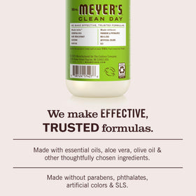 Mrs. Meyer's bottle beside a hand showing size and practical everyday use benefit