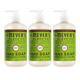 Mrs. Meyer's juicy apple front packaging showing three bottles and clear scent benefit