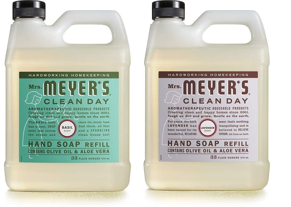 Mrs. MEYER'S front packaging showing lavender and basil refills, easy sustainable swap
