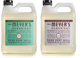 Mrs. MEYER'S front packaging showing lavender and basil refills, easy sustainable swap