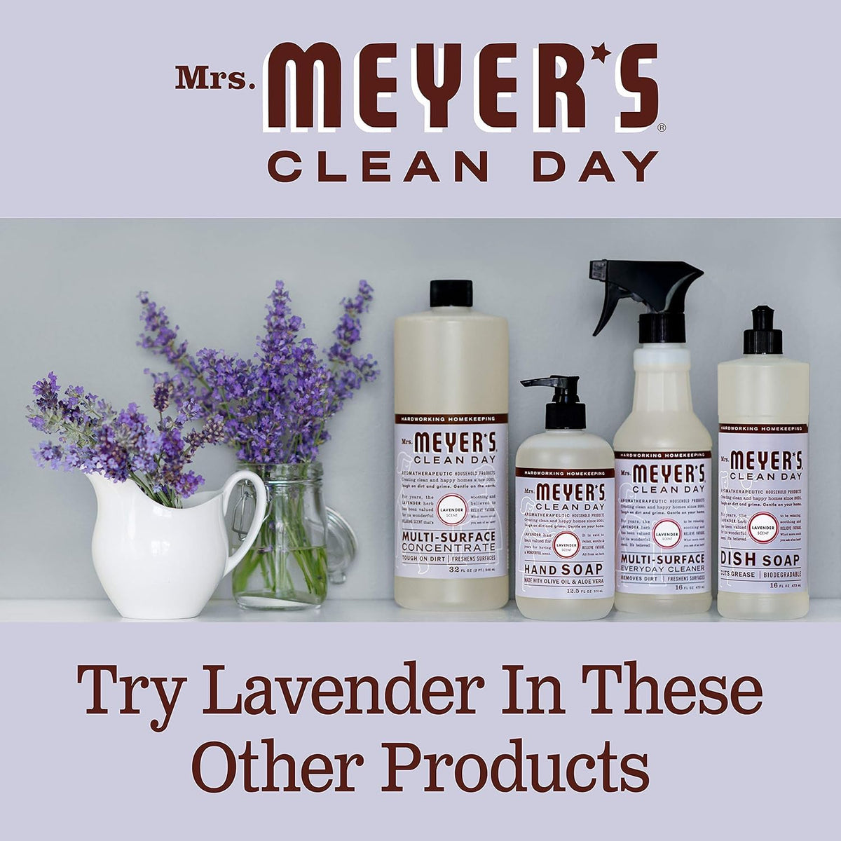 Mrs. MEYER'S lavender refill bottles staged in a bathroom setting conveying a fresh, garden-inspired scent