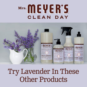 Mrs. MEYER'S lavender refill bottles staged in a bathroom setting conveying a fresh, garden-inspired scent