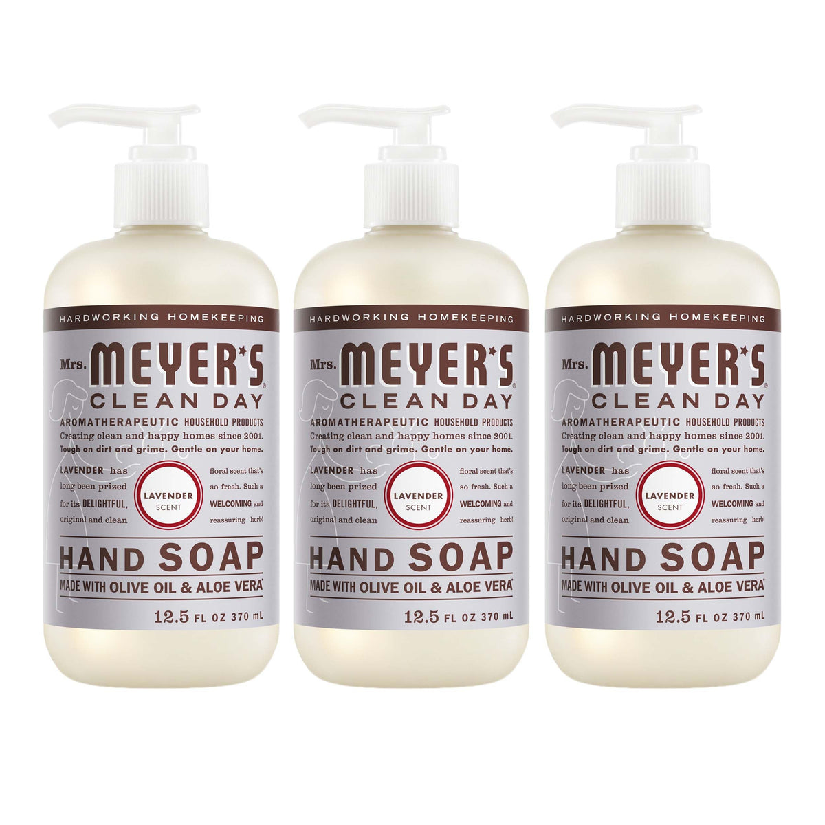 Mrs. MEYER'S front bottle showing lavender label and clear pump for easy dispensing