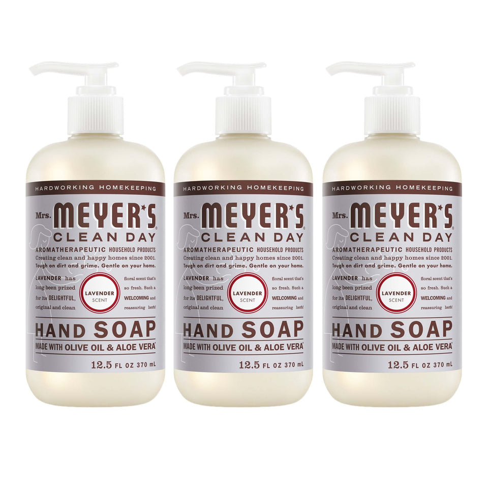 Mrs. MEYER'S front bottle showing lavender label and clear pump for easy dispensing