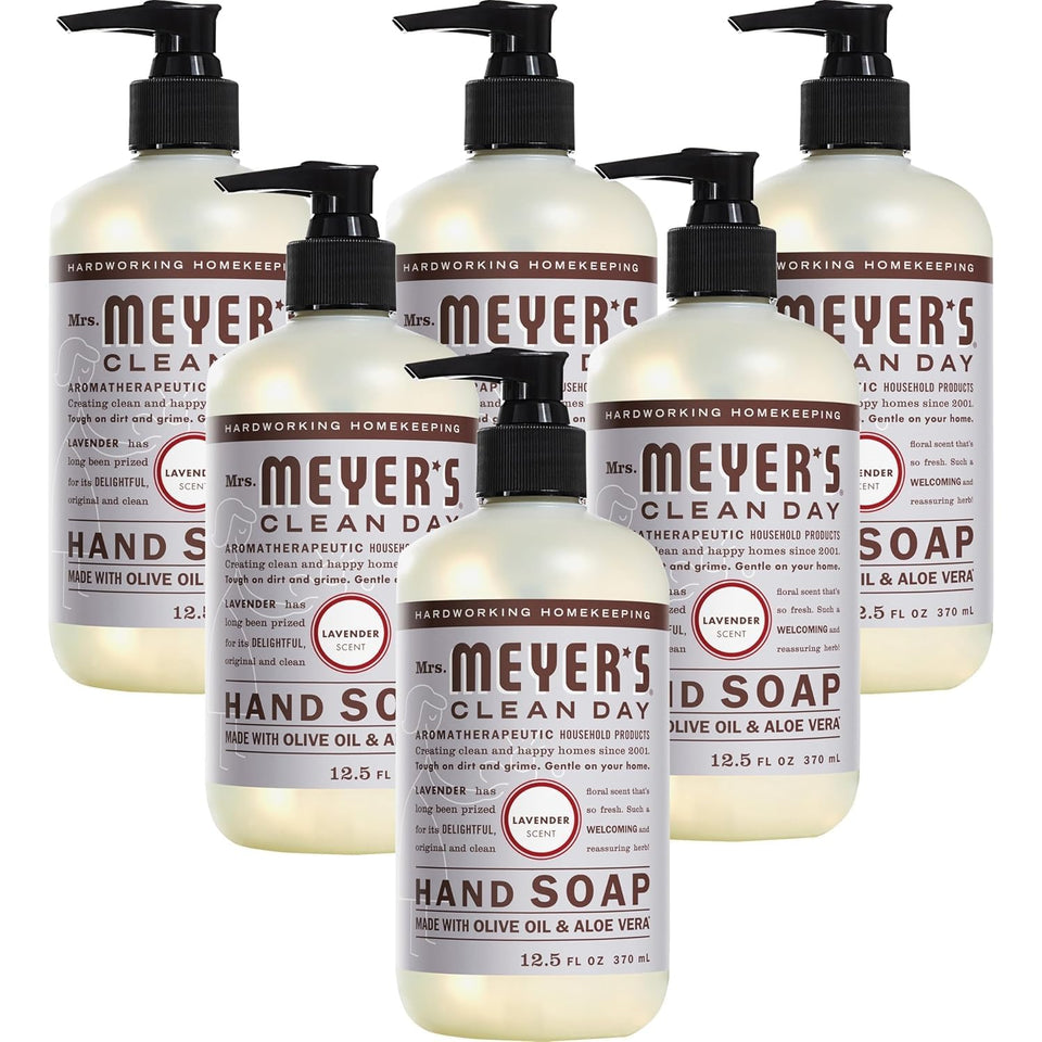 Mrs. MEYER'S front packaging showing six lavender hand soap bottles for home refills