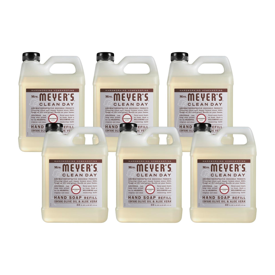 Mrs. MEYER'S lavender front packaging shows refill bottle and clear label, convenient supply