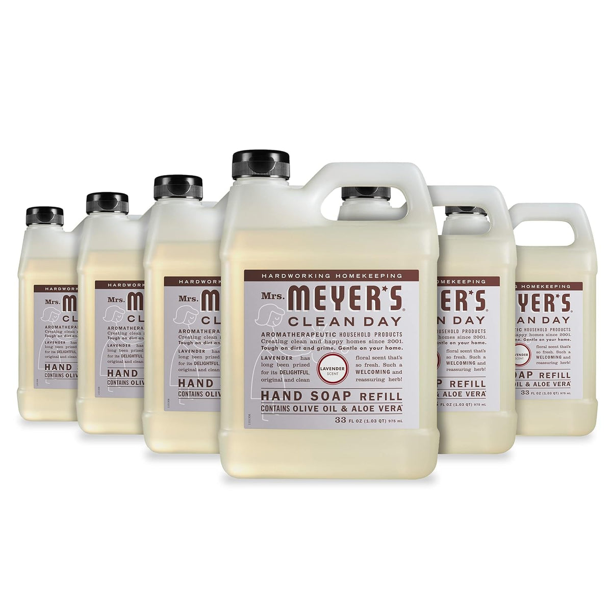 Mrs. MEYER'S front packaging showing six lavender refill bottles and clear labeling for easy storage