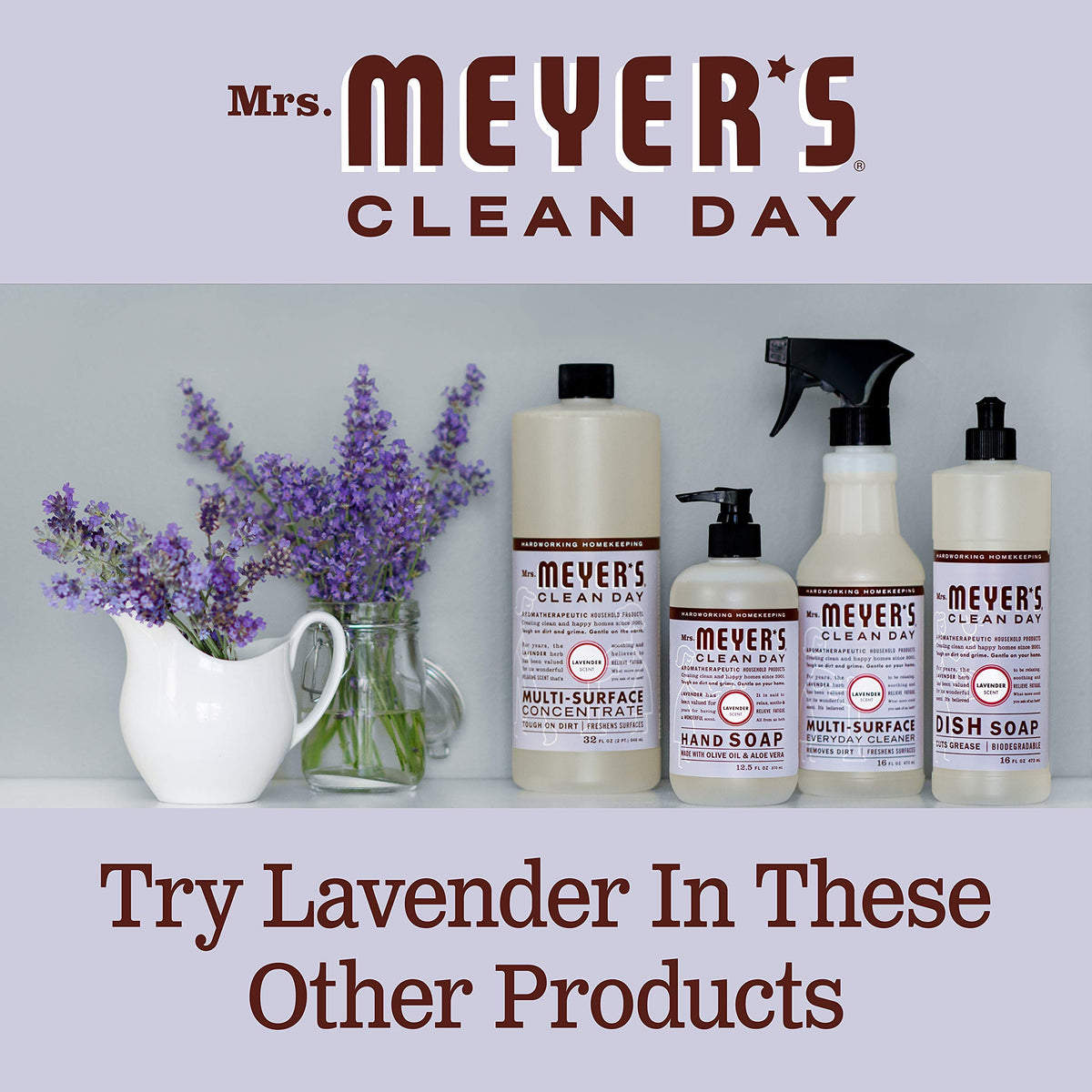 Mrs. MEYER'S lavender multipack stacked to show six-bottle supply and value advantage