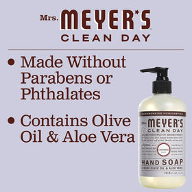 Size comparison of a 33 fl oz Mrs. MEYER'S refill next to a standard soap dispenser to show volume