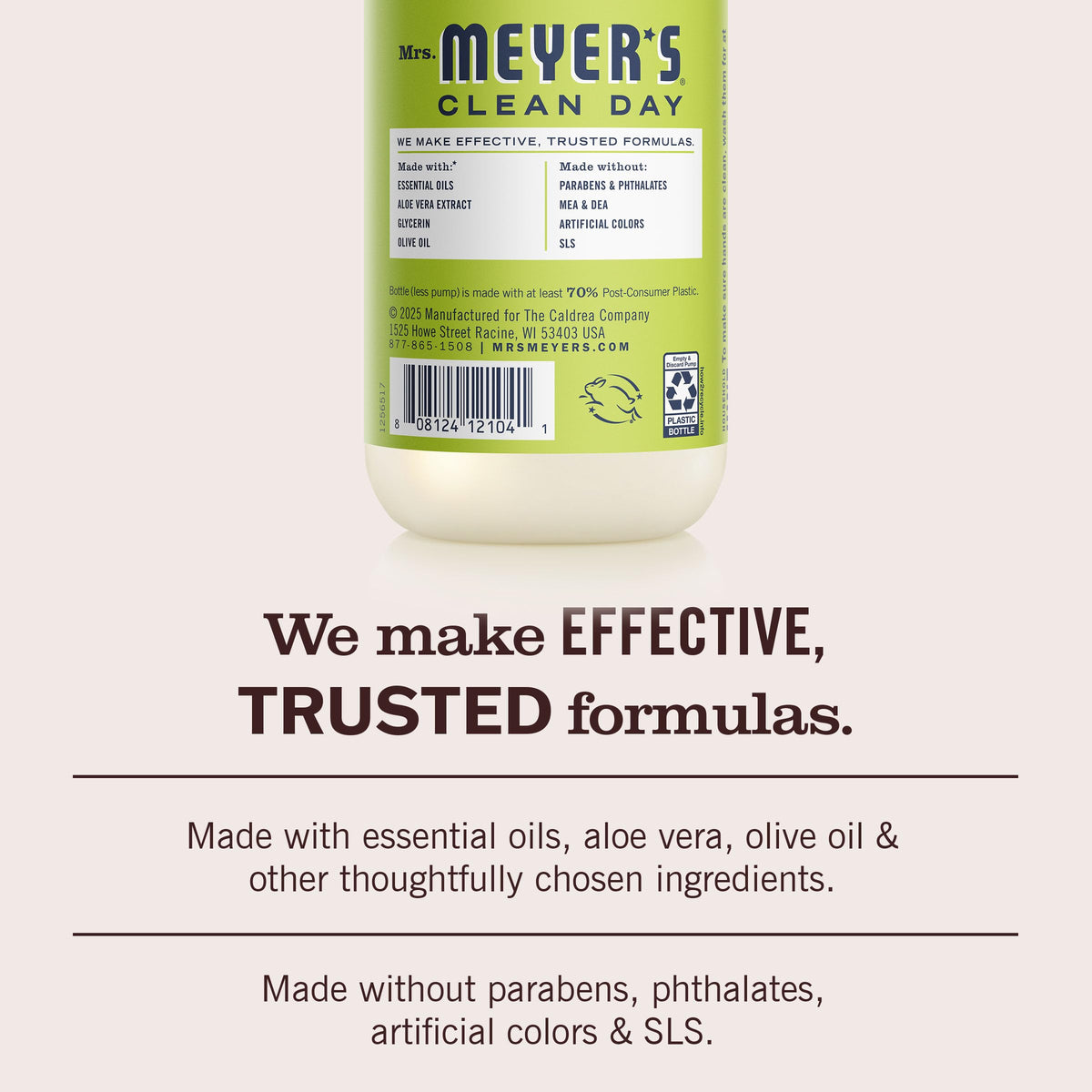Mrs. Meyer's label detail showing ingredients and clean formulation benefit