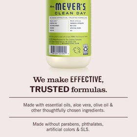 Mrs. Meyer's label detail showing ingredients and clean formulation benefit