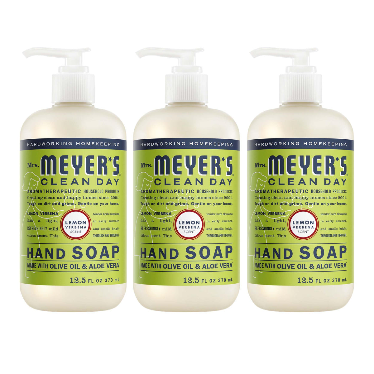 Mrs. Meyer's lemon verbena front pack shows three bottles and bright scent appeal