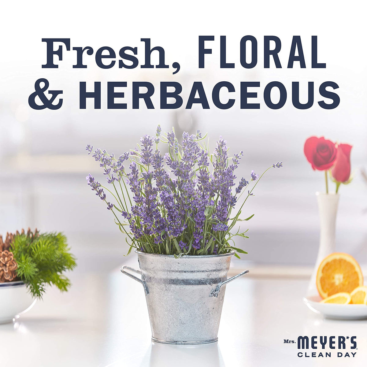 Mrs. MEYER'S lifestyle counter display with both scents illustrating home-friendly aesthetics