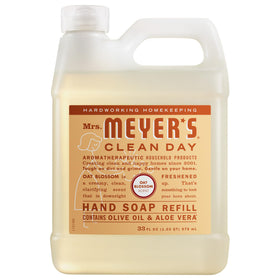 Mrs. Meyer's front packaging showing oat blossom refill and clear branding benefit