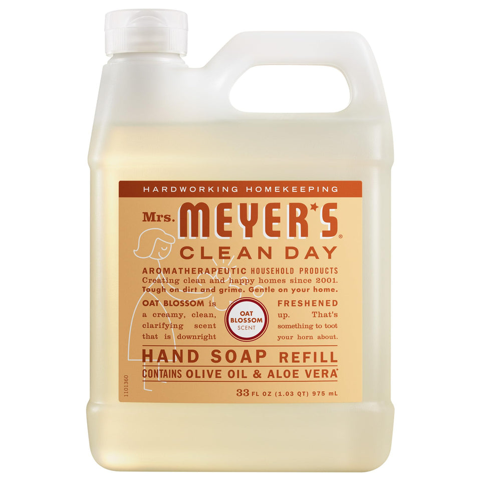 Mrs. Meyer's front packaging showing oat blossom refill and clear branding benefit