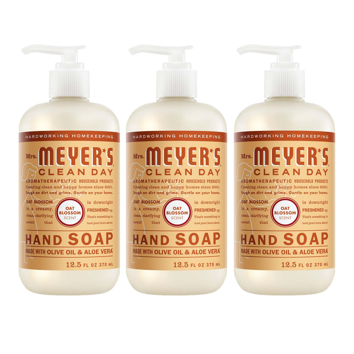 Mrs. MEYER'S front packaging showing three oat blossom bottles and clear labeling for easy selection